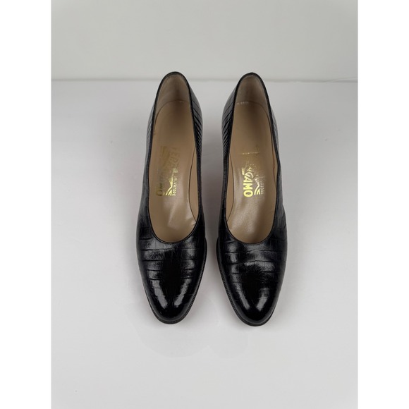 Salvatore Ferragamo Black Leather Block Crocodile Heels Women's 7 AAAA Vintage - Picture 5 of 9